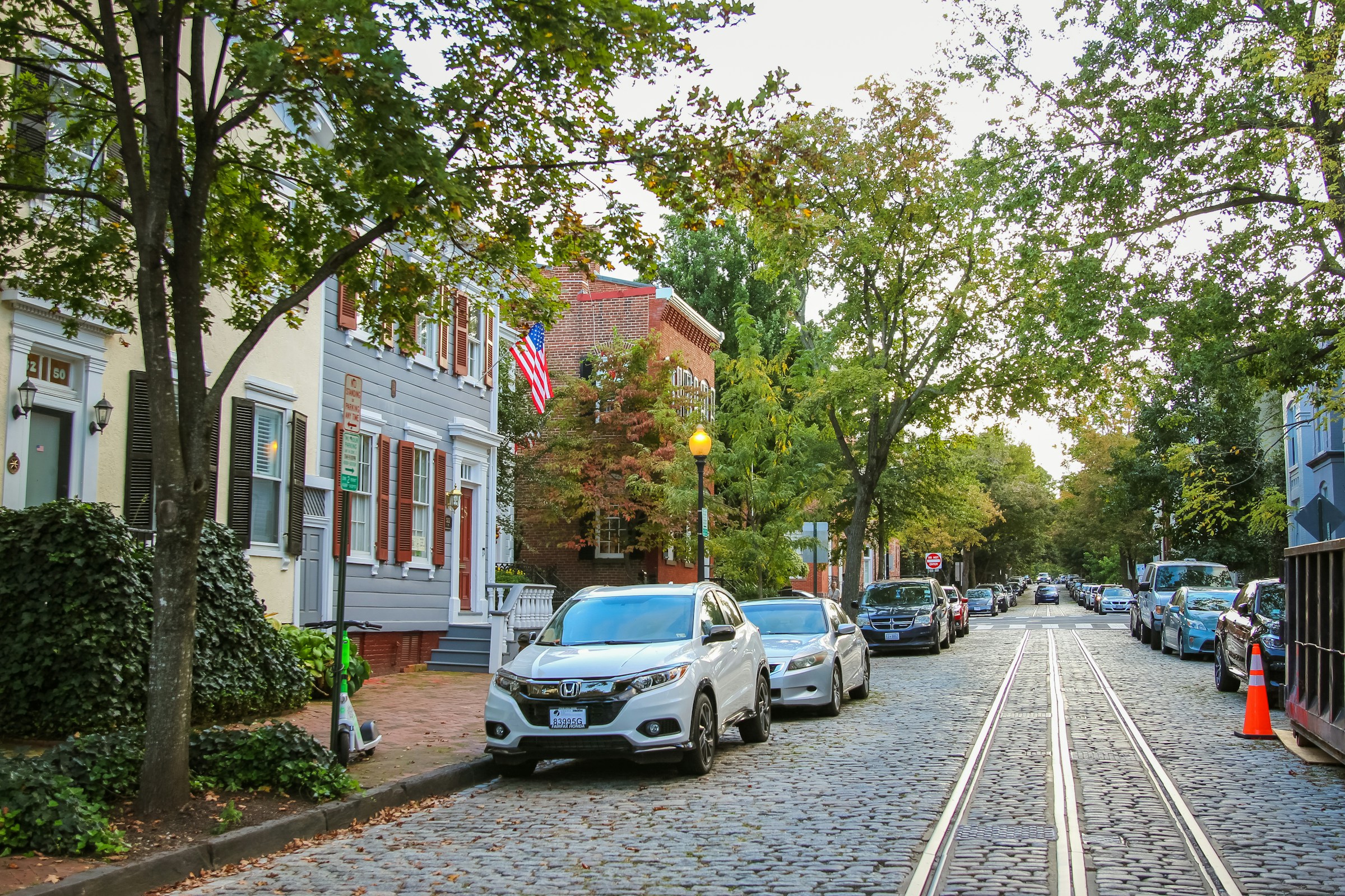 Leafy Georgetown street with historic homes and brick sidewalks